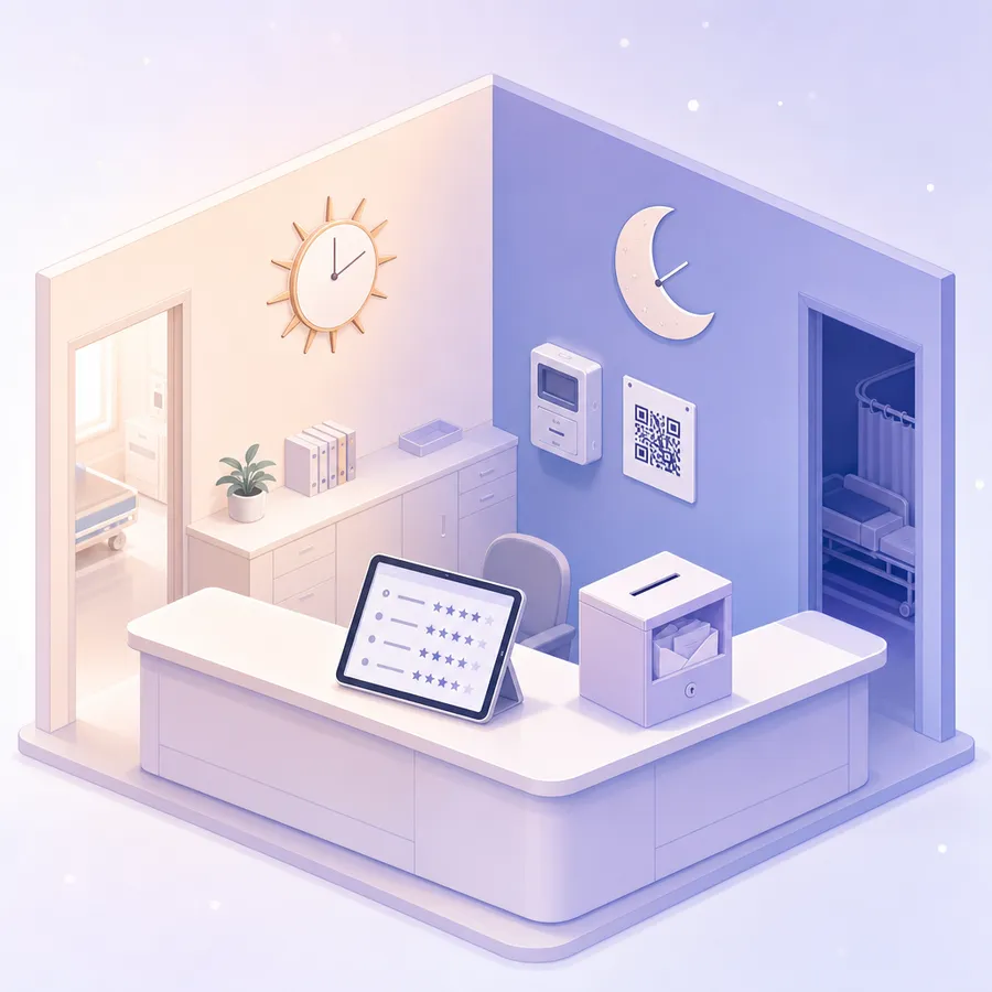 A nurses station with a sun clock on the day side and a moon clock on the night side, a tablet showing a survey card, a QR code card at the time clock and a slotted box of paper surveys