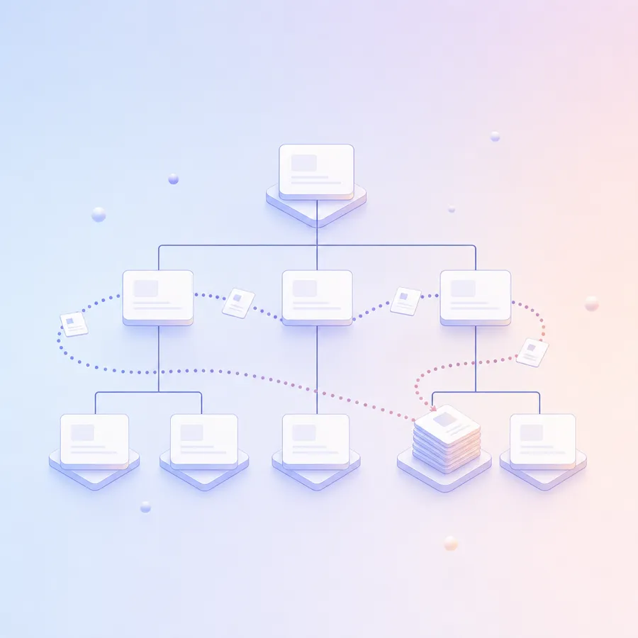 A tidy org chart of stacked boxes, with a dotted trail of work cards looping sideways between branches and a pile of cards waiting at one box