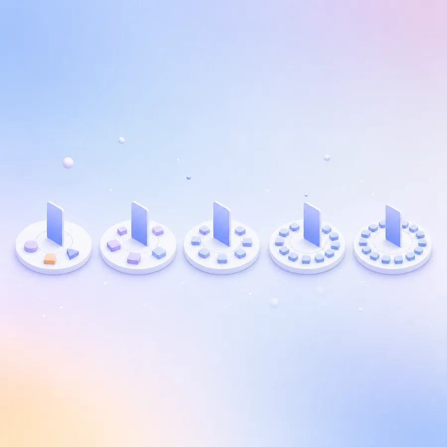 Five manager tiles in a row, each ringed by more team tiles than the last, from three varied tiles to a wide ring of matching ones