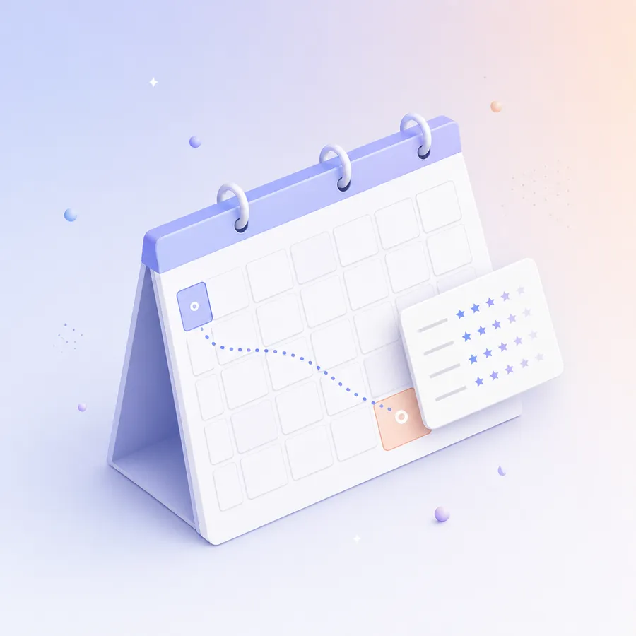 A desk calendar with day one and day thirty highlighted, joined by a dotted path, with a rating survey card beside day thirty