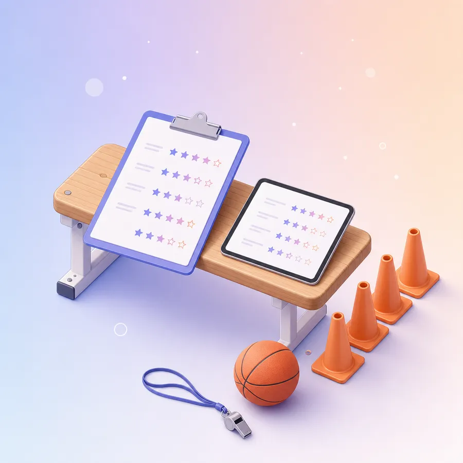 A clipboard survey and a tablet with rating rows on a gym bench, beside cones, a ball and a whistle