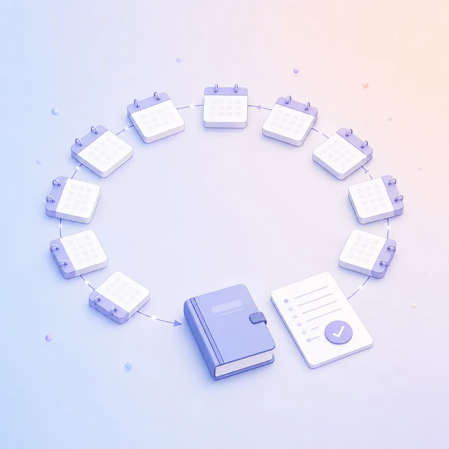 A circular track of calendar tiles closing one full loop, ending at a ledger and a checked review sheet