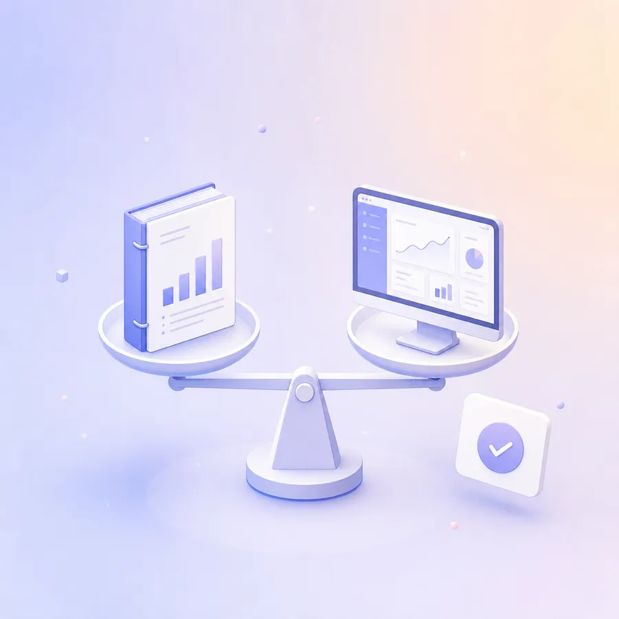 A business case document on one side of a balance scale and a finished system screen on the other