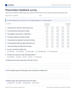 First page of the presentation feedback form PDF