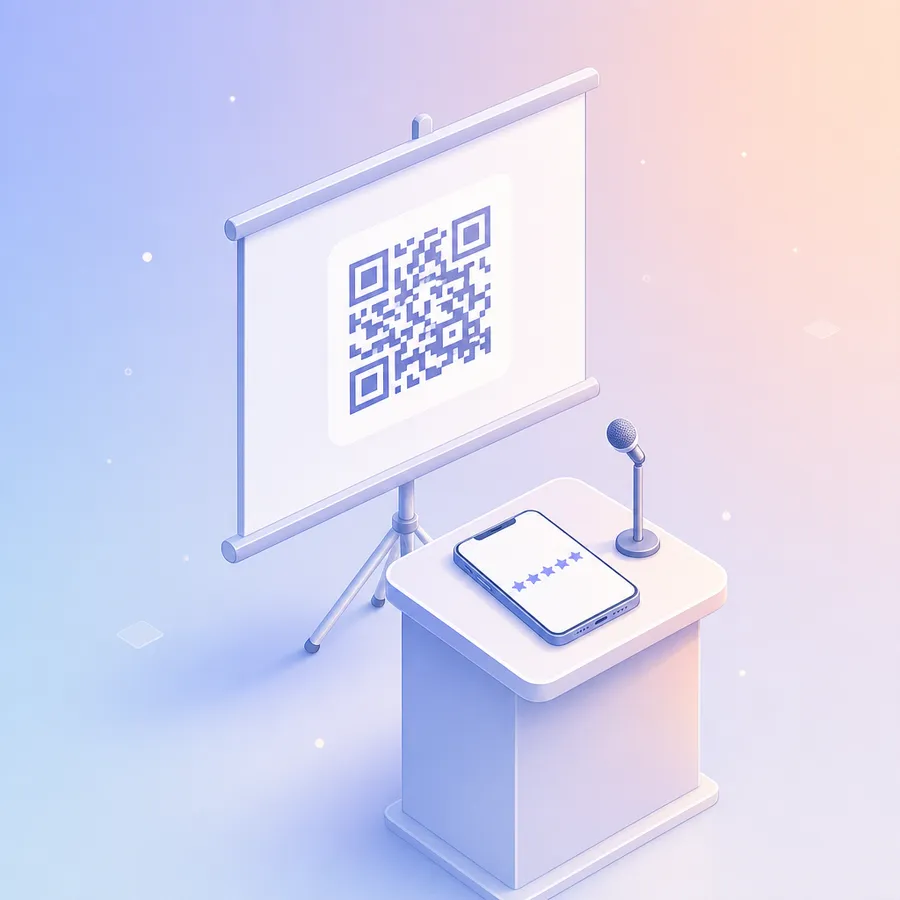 A projector screen showing a final slide with a large QR code, a phone with a rating row and a microphone on a stand