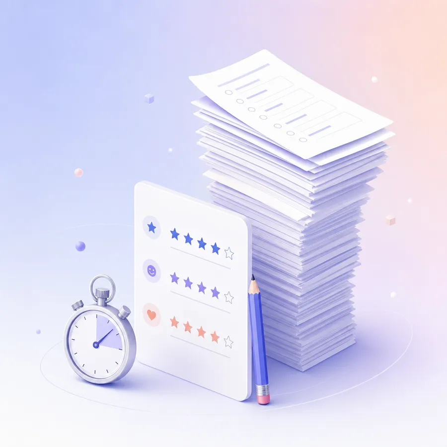 One short survey card with three rating rows in front of a tall, tipping stack of long paper forms