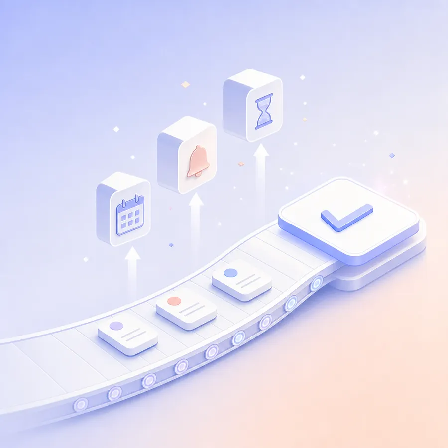 A workflow path with obstacle blocks being lifted off it so task cards can reach a finished checkmark