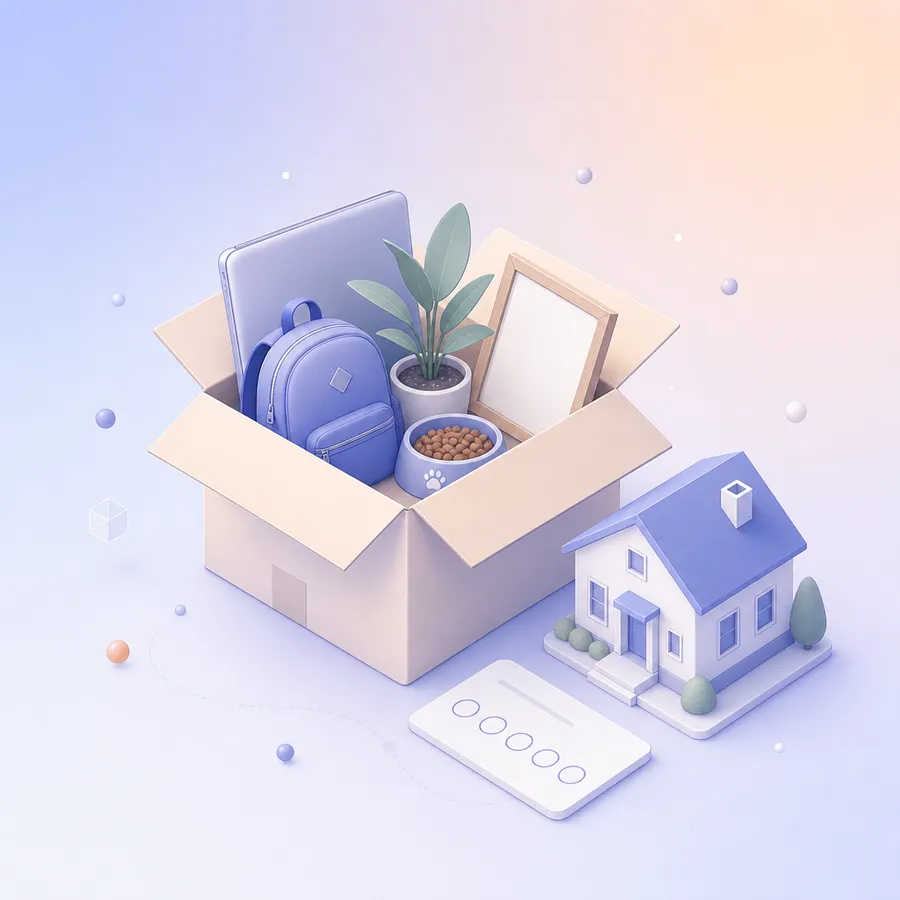 An open moving box holding a laptop, a child's backpack, a pet bowl and a framed photo, beside a small house and a rating card