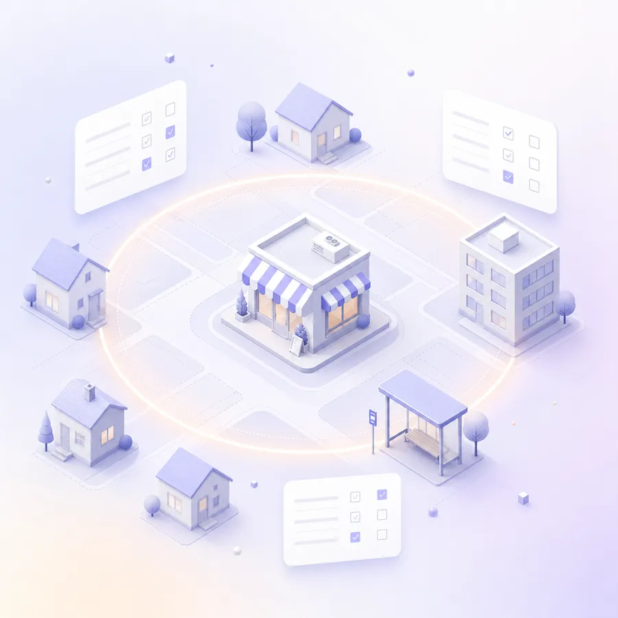 A planned restaurant at the center of a ring that takes in nearby homes, an office block and a bus stop, with survey cards at its edge