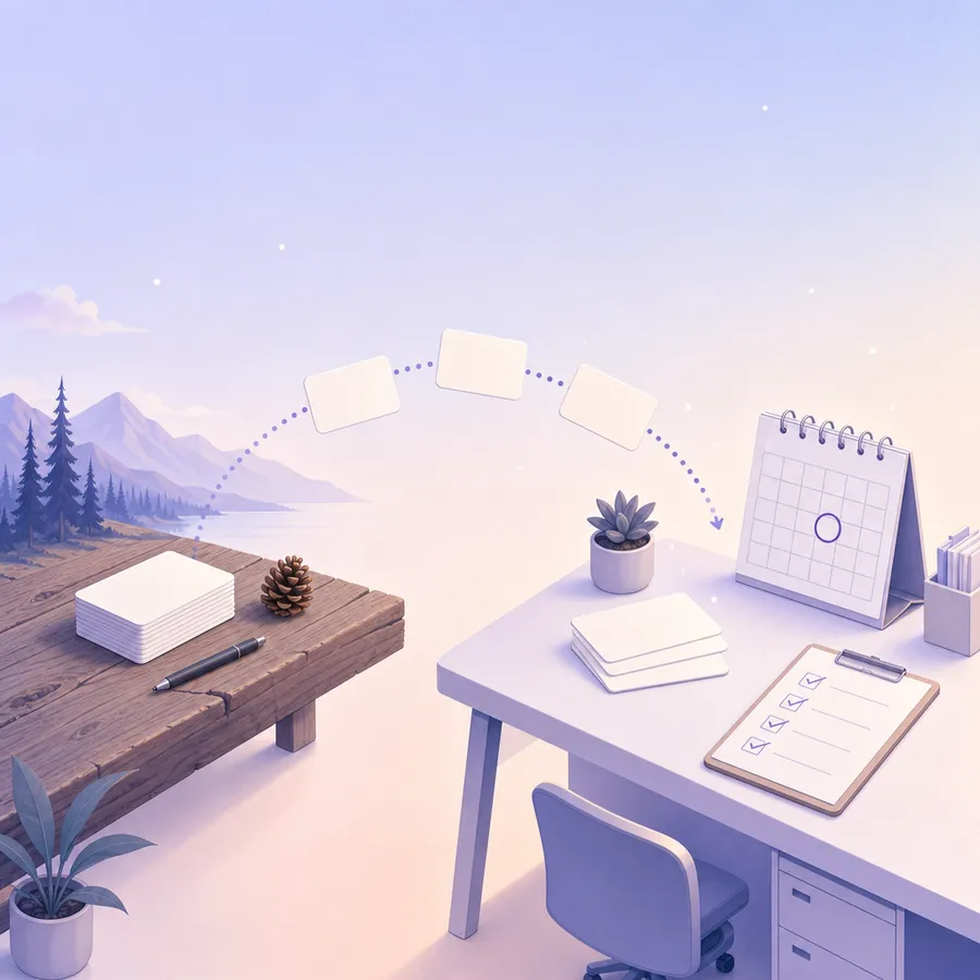 Commitment cards moving from a retreat table to an office desk, where a desk calendar with one date circled and a ticked checklist wait