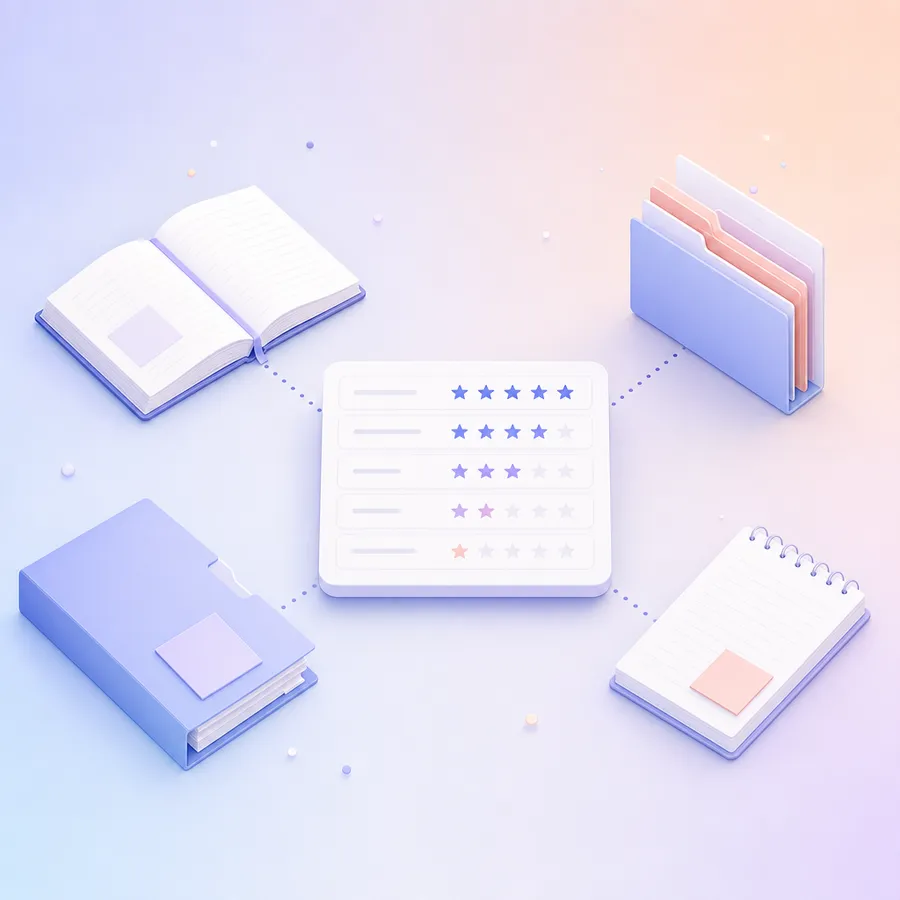 A star-rating survey card joined by dotted lines to an open logbook, two folders and a notepad