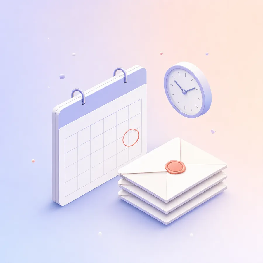 A wall calendar with one date circled, beside a stack of sealed invitation envelopes