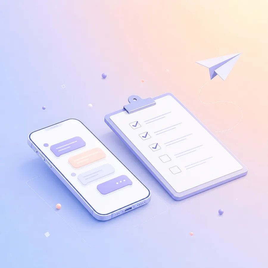 A phone showing a short message thread next to a checklist with most boxes ticked