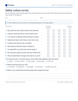 First page of the safety culture questionnaire PDF