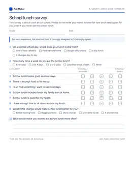 First page of the student lunch questionnaire PDF