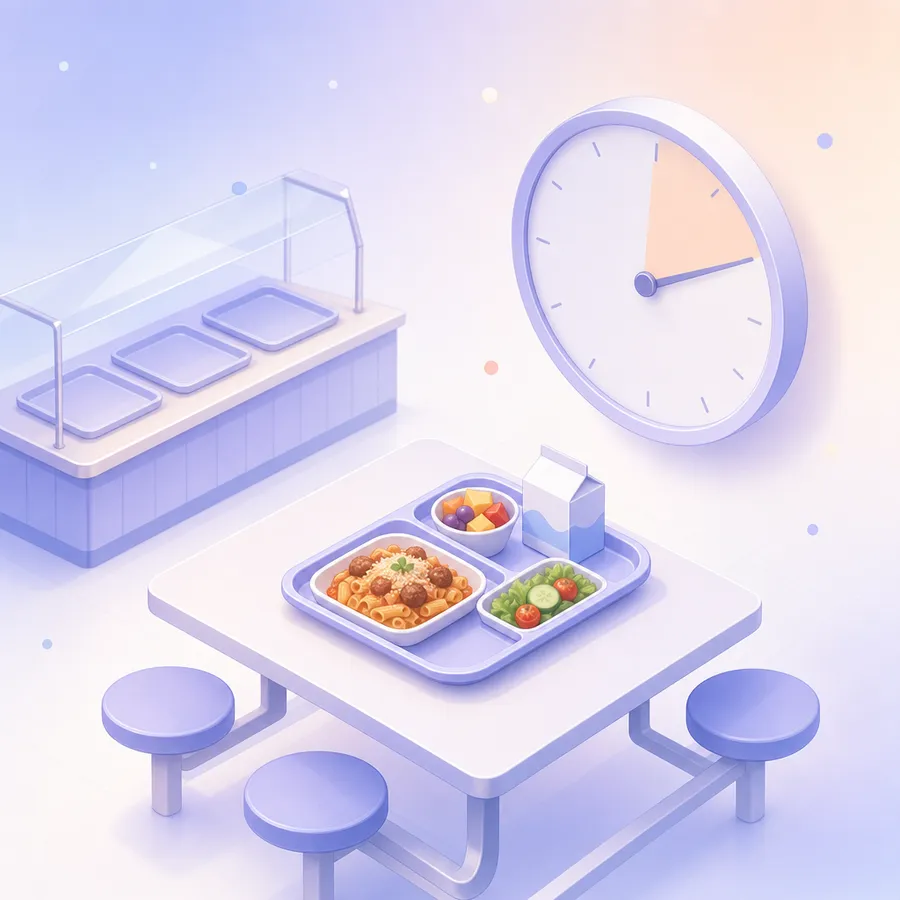 A school lunch tray on a cafeteria table beside a large wall clock with a highlighted slice of seated eating time, and a serving counter behind
