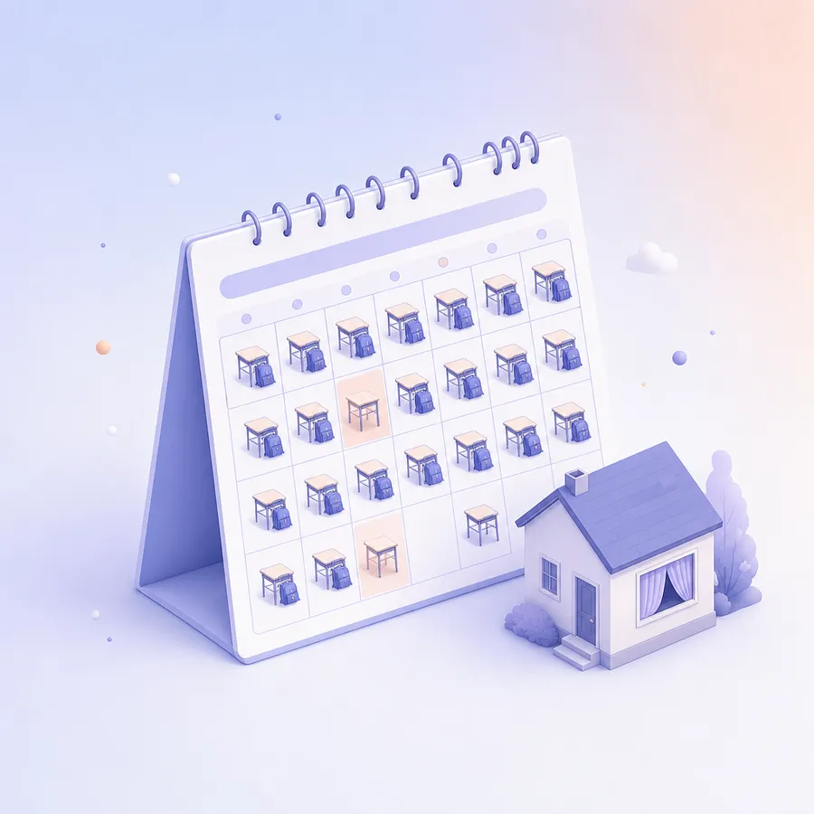 A month calendar with a few school days marked by empty desk icons next to a small house