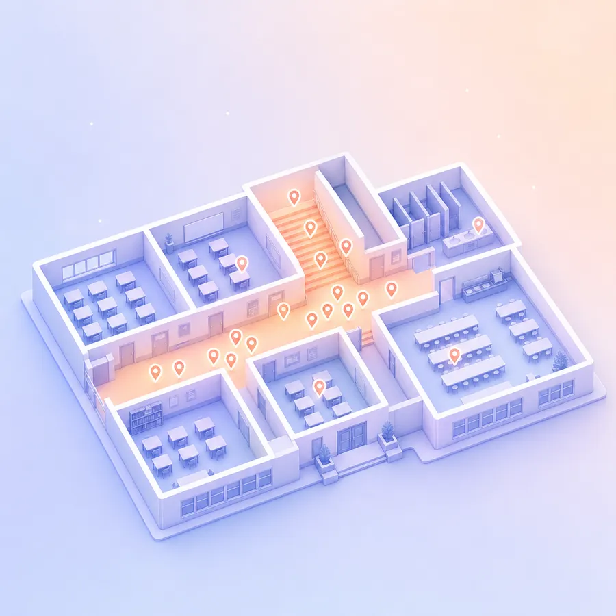 A school floor plan with the hallway and stairwell glowing as hotspots and small pins marking where students feel unsafe