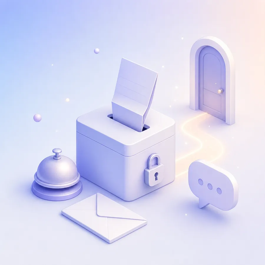 A sealed report card sliding into a locked box beside a small help desk bell and a message bubble