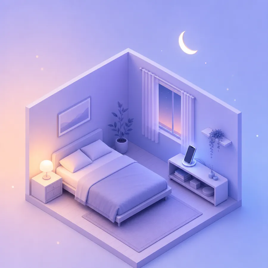 A bedroom at night with the phone on a charging stand across the room from the bed