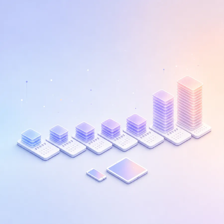 Seven calendar tiles: five with short, even stacks of screens and two weekend tiles with much taller stacks, with a phone and tablet in front