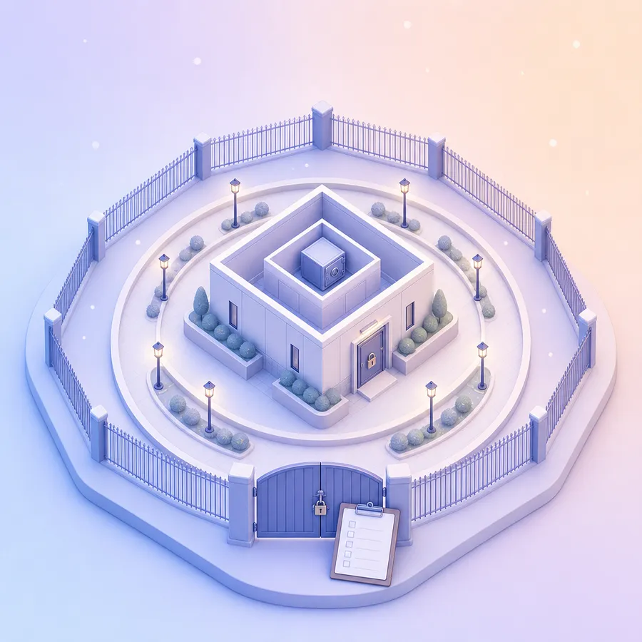 A small building seen from above inside rings of protection: fence and gate, lamp-lit paths, locked doors and a safe at the centre