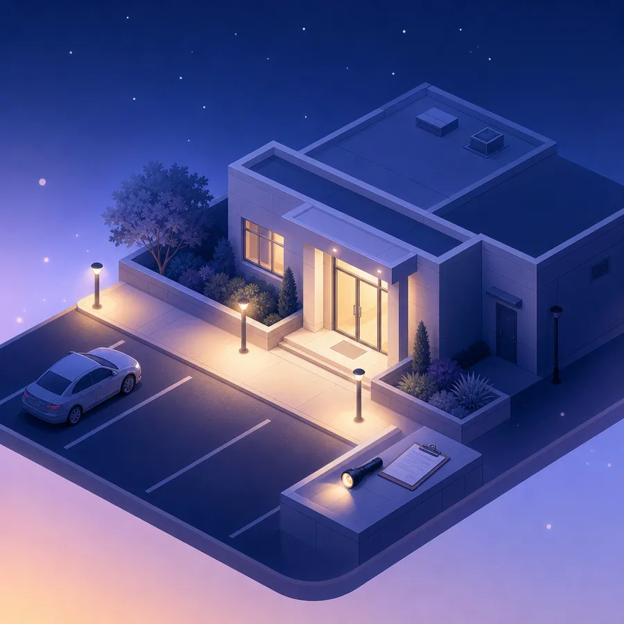 A building entrance and car park at night: lamp posts light the paths, a side door sits in shadow, and a torch and checklist rest on a low wall