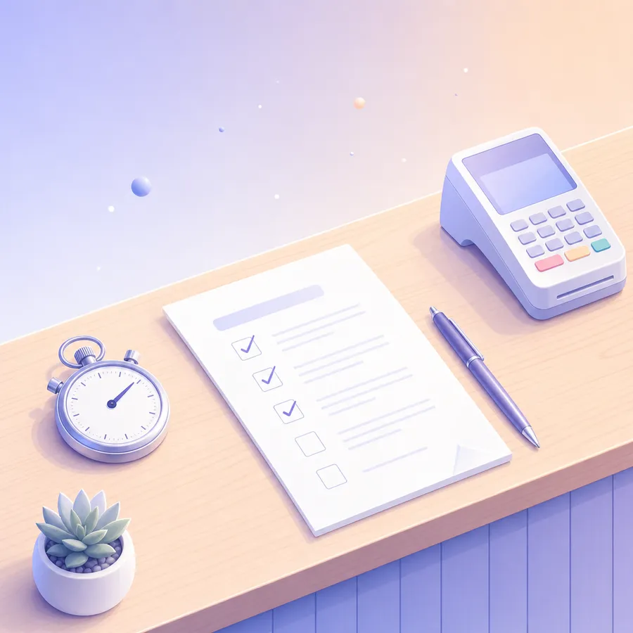 A one-page questionnaire and a pen on a shop counter beside a small stopwatch and a card reader