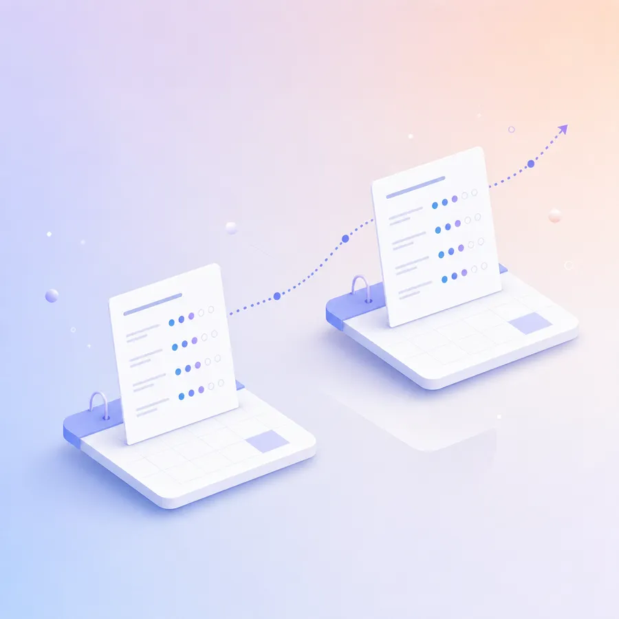 Two matching questionnaires on calendar pages a year apart, joined by a rising line