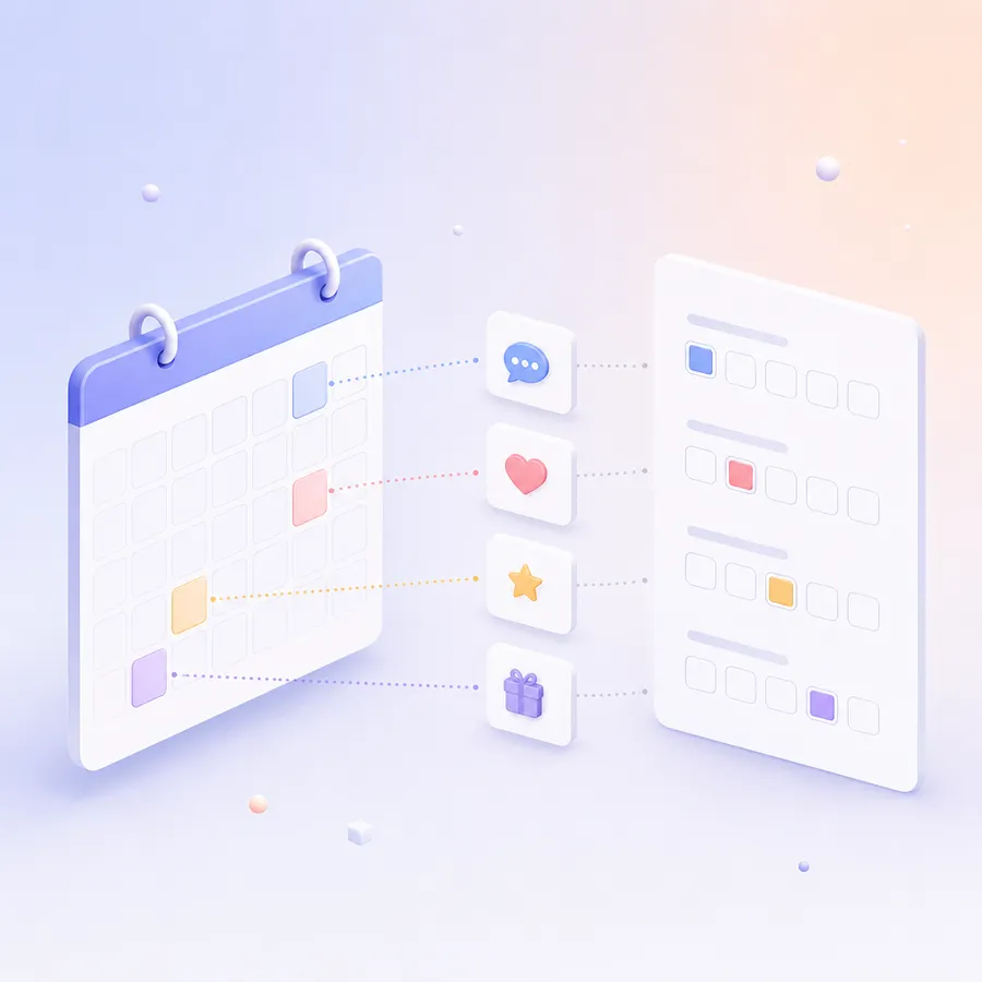 A monthly calendar page with a few highlighted days, each linked to a small card showing a speech bubble, a heart, a star or a gift, beside a survey card with agree boxes