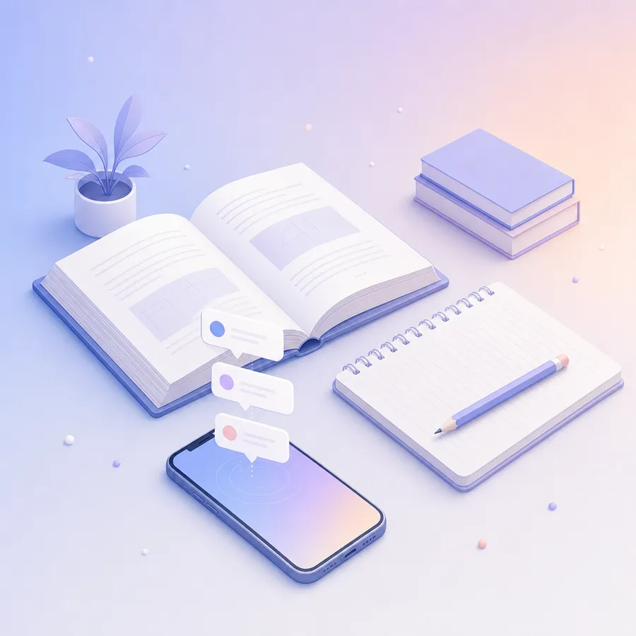 An open textbook and notebook on a desk with a phone lying face up beside them, notification bubbles rising from the phone