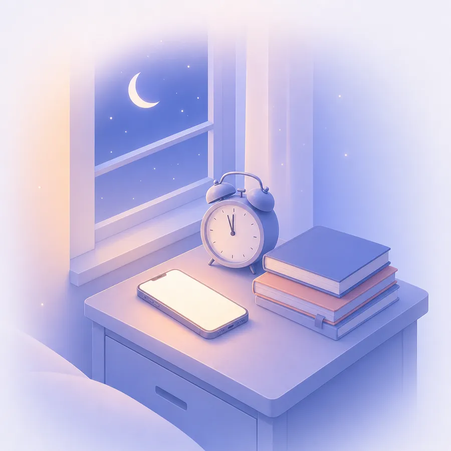 A bedside table at night with a glowing phone, an alarm clock and a crescent moon in the window