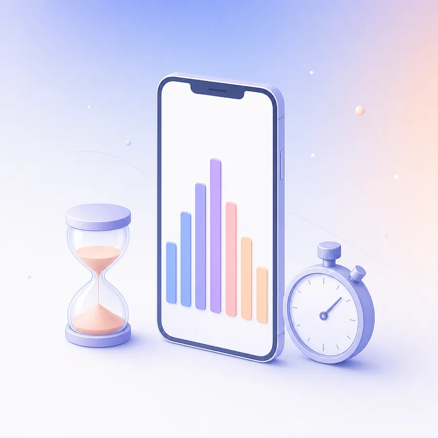 A smartphone showing a simple bar chart of app time, with an hourglass beside it