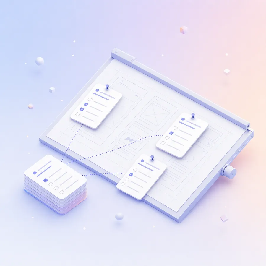 Survey cards from a stack pinned onto a software blueprint on a drafting board, linked by dotted lines