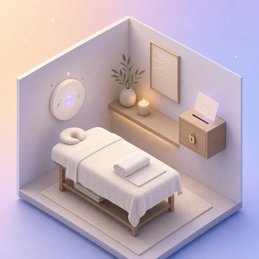A massage table with a neatly folded sheet, a three-step pressure dial on the wall and a comment card going into a closed box