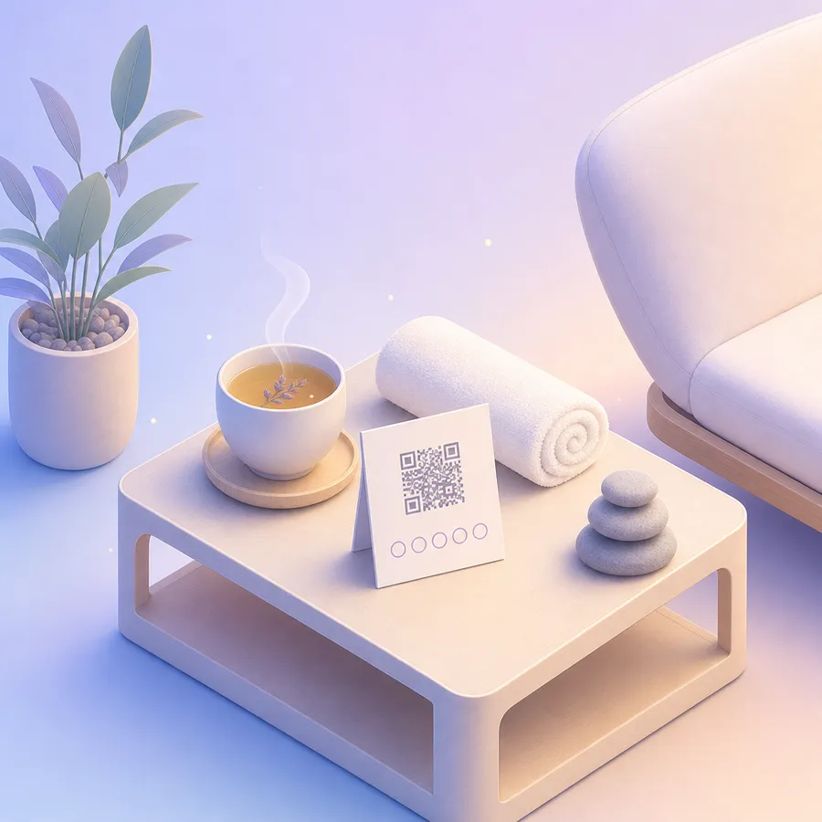 A lounge side table with a cup of herbal tea, a rolled towel and a guest card with a QR pattern and a row of rating circles
