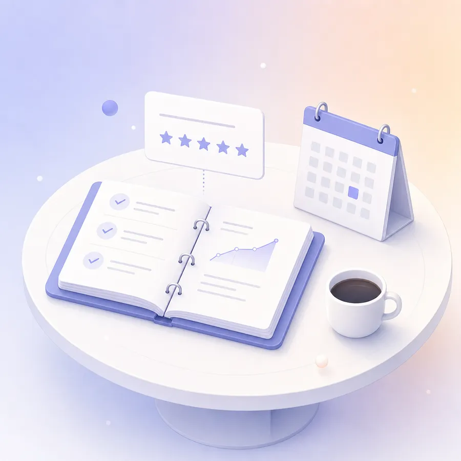 A meeting table with an open plan binder, a calendar with one marked day and a small rating card