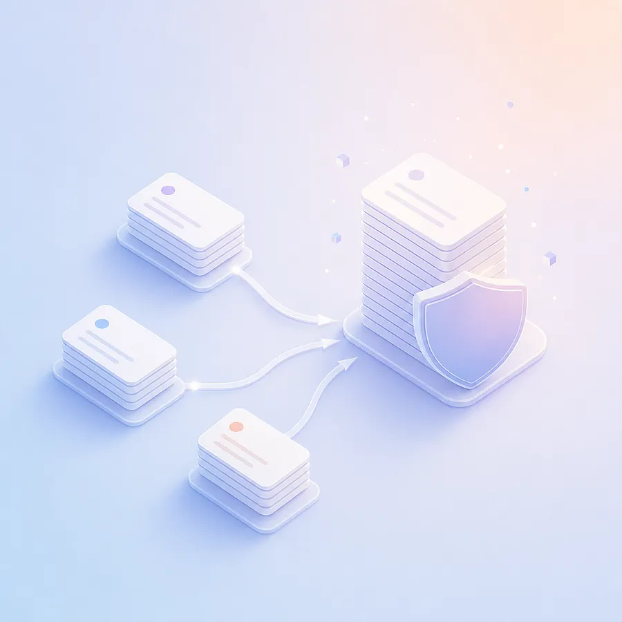 Three small stacks of response cards merging into one taller stack behind a shield