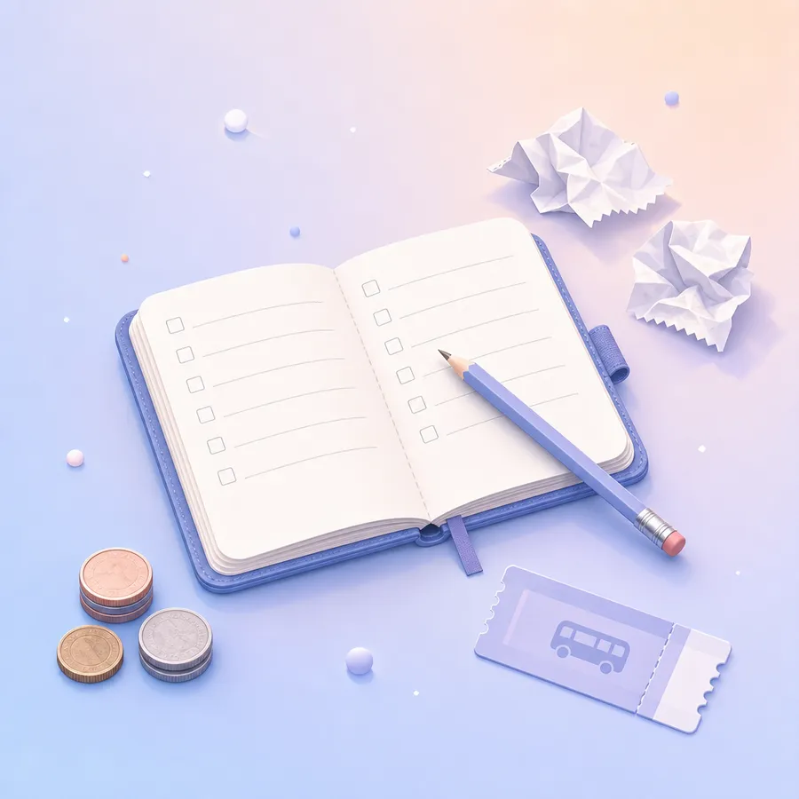 An open spending diary notebook with a pencil, paper receipts, coins and a bus ticket