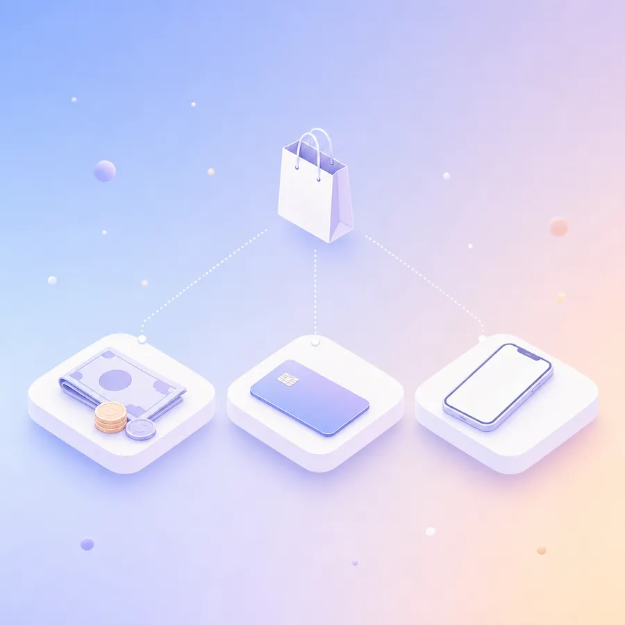 Cash, a payment card and a phone wallet side by side, each linked to the same shopping bag