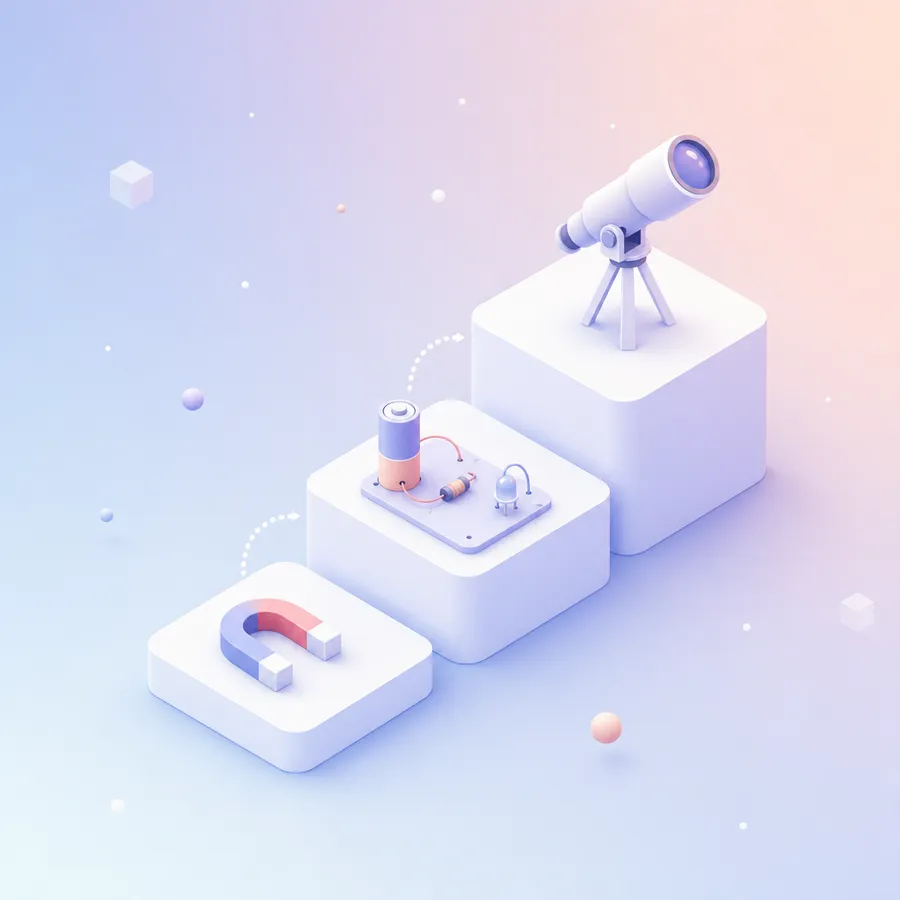 Three rising steps, each holding a larger STEM object: a magnet, a circuit board and a telescope