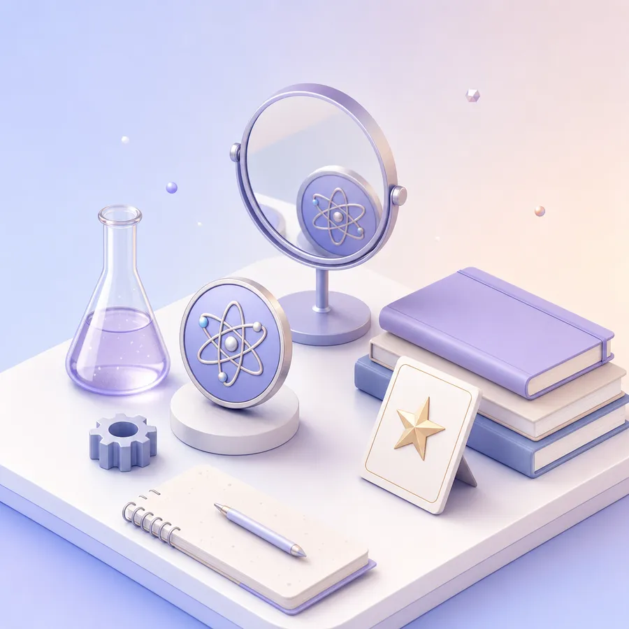 A student desk with a science badge, a gear and a flask, facing a small mirror and a teacher's gold star card