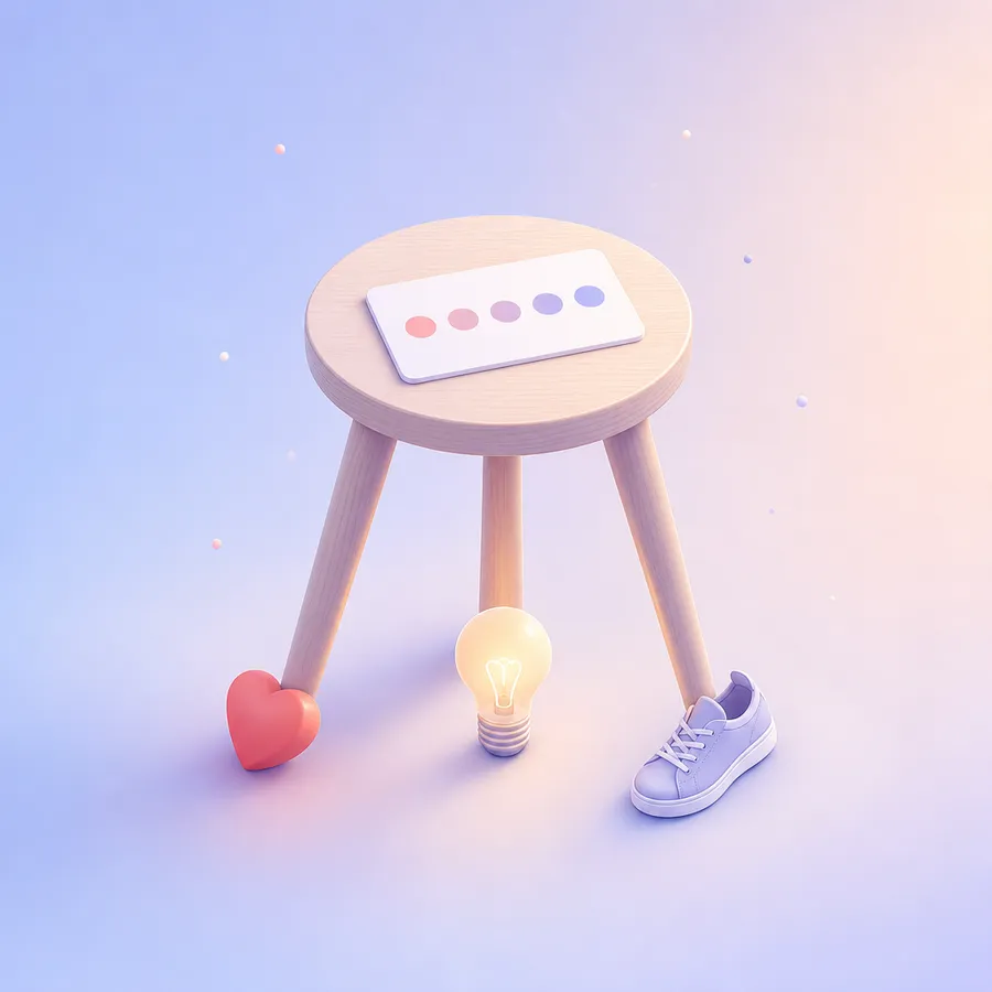 A three-legged stool with a heart, a lightbulb and a sneaker at the foot of its legs and a rating card on the seat