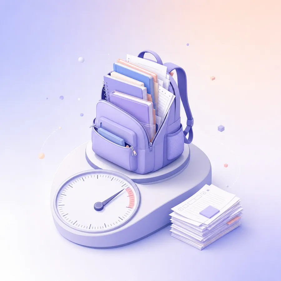 A school backpack overflowing with books and papers resting on a weighing scale