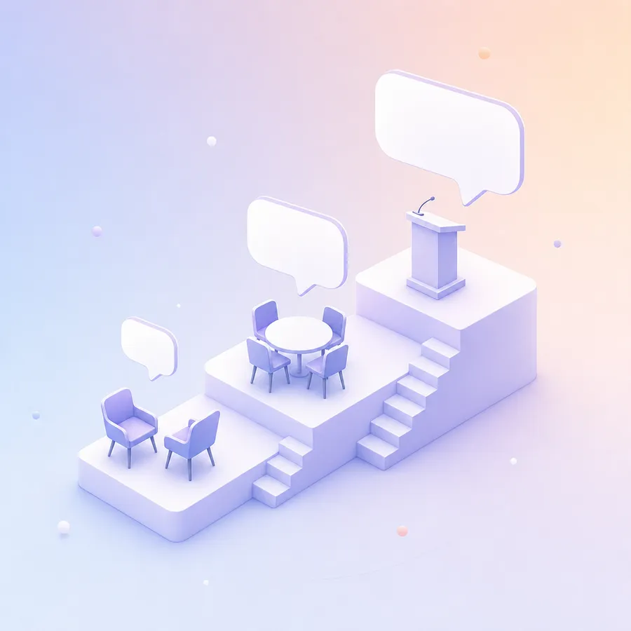 Three steps rising from two facing chairs to a small group table to a lectern, with speech bubbles growing at each step