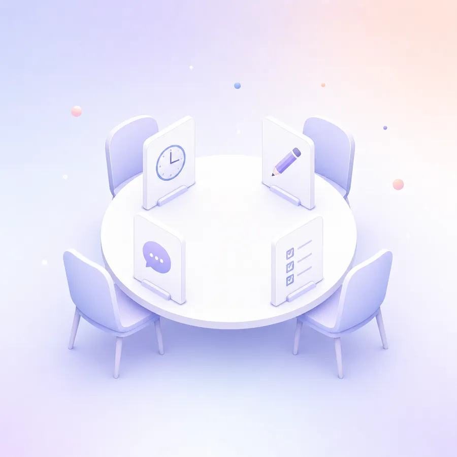 Four role cards with a clock, a pencil, a speech bubble and a checklist placed around a small round group table