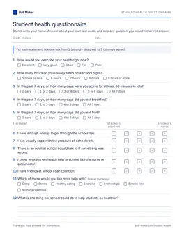 First page of the student health questionnaire PDF
