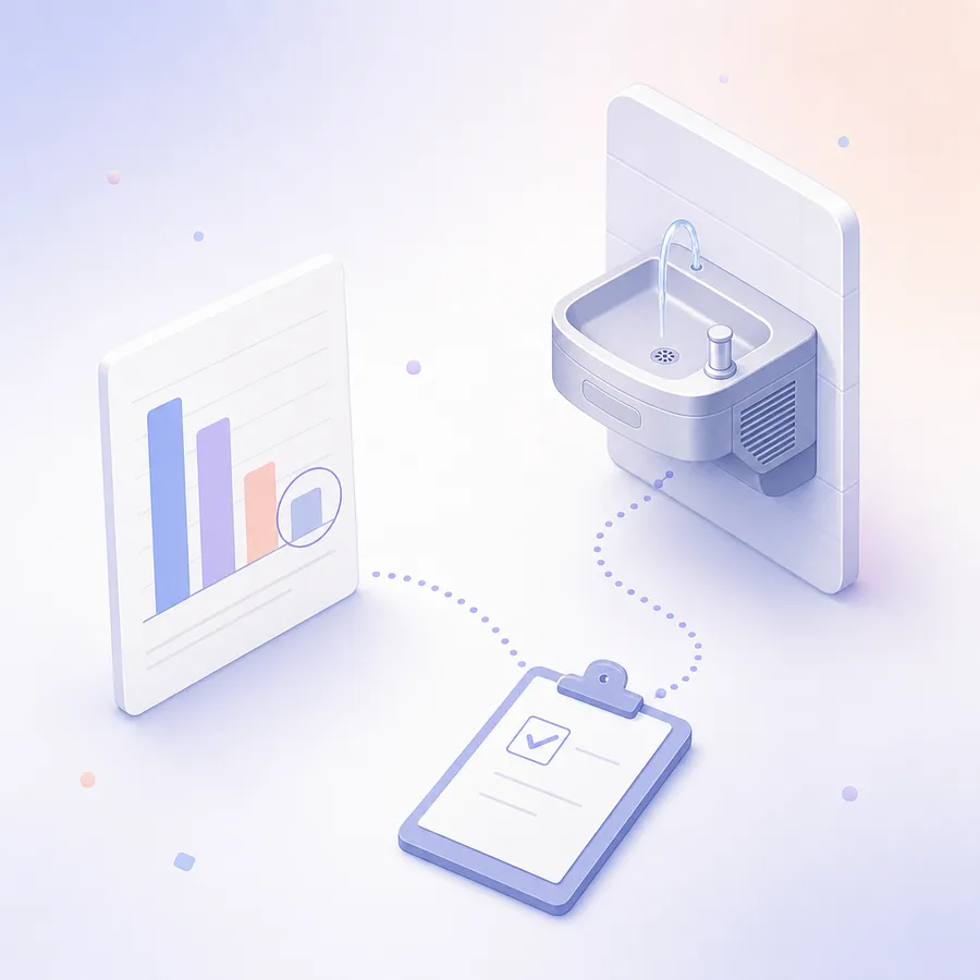 A bar chart card with its shortest bar circled, linked by a dotted path to a school water fountain and a clipboard with one ticked box