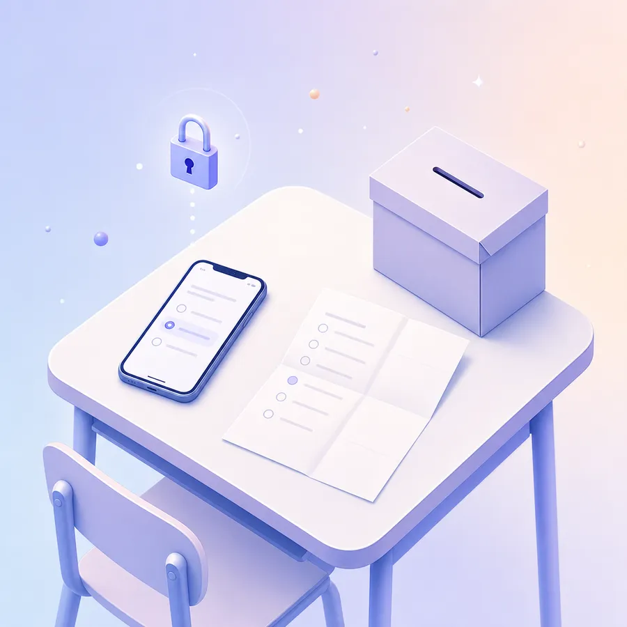 A school desk from above with a phone showing an answer screen, a folded paper questionnaire and a closed collection box with a slot