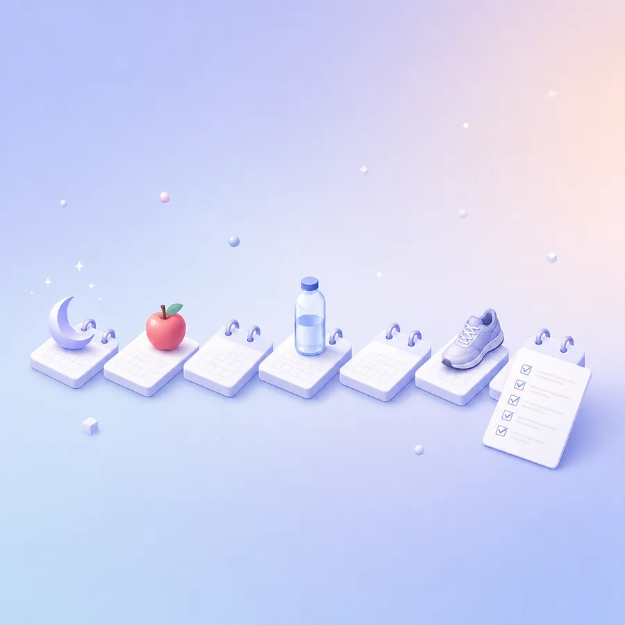 Seven calendar tiles holding a moon, an apple, a water bottle and a sneaker, with a tick-box card leaning on the last tile